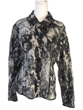 Chico’s Black & Beige Roses Sheer Linen Button-Up Blouse Size 1 8-10 Women